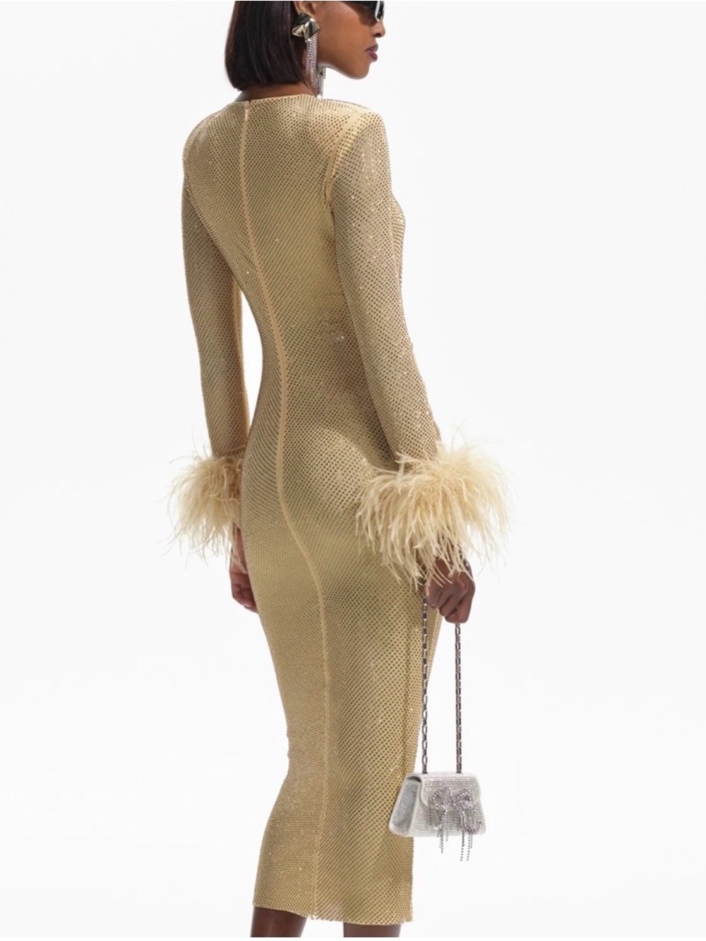 Self-Portrait Gold Feather-Cuff Sequin Midi Dress Size 4 - Picture 3 of 4
